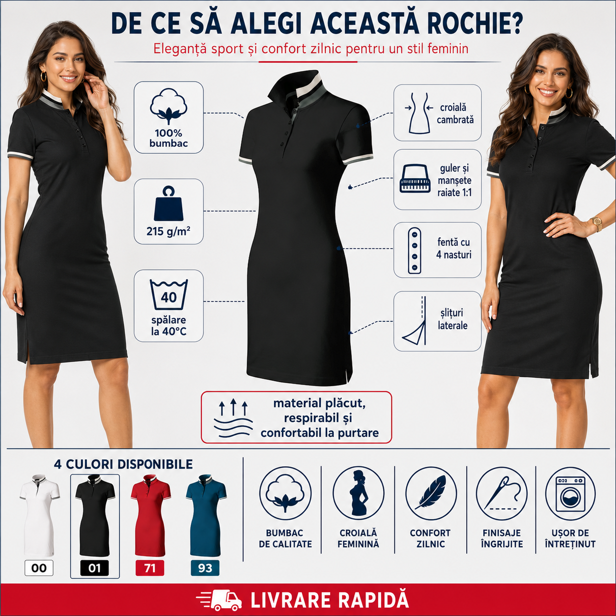 Rochie polo damă Malfini Premium 271 Dress Up 100% bumbac croială cambrată vedere față spate lateral